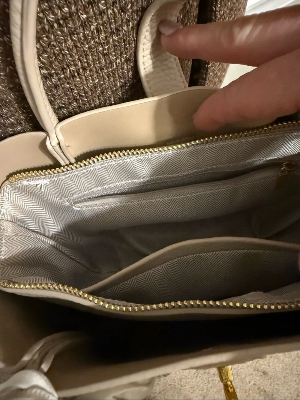 Cream Pebbled Leather Top-Handle Satchel with Scarf Accent
